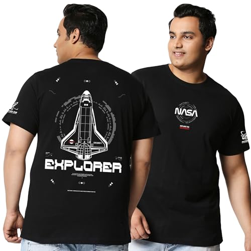Bewakoof Official Nasa Merchandise MenS Graphic Printed Oversized Fit Half Sleeve Round Neck Cotton Plus Size T-Shirt_591105_Bl