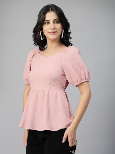 Style Quotient Women Texture Peach Polyester Peplum Top