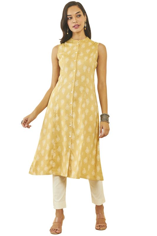 Soch Womens Mustard Rayon Self Print Kurta