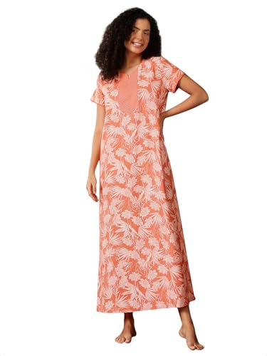 Clovia WomenS Cotton Printed Long Nighty (Ns6551R16_Orange_M)
