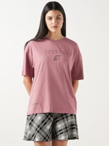 Bewakoof Official Naruto Merchandise Womens Graphic Print Oversized Fit Half Sleeve Round Neck Cotton Jersey T-Shirt_649989_Pur