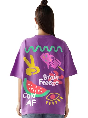 Bewakoof Heavy Duty 1.0 Womens Graphic Print Oversized Fit Half Sleeve Round Neck Terry T-Shirt_652352_Purple_M