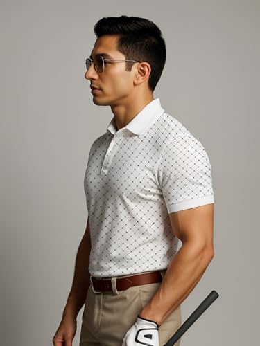 Mens Cotton Printed Polo Tshirt | 220 GSM Interlock Fabric | Slim Fit | Skin-Friendly Ink | Milk White Golf-Inspired Pattern T