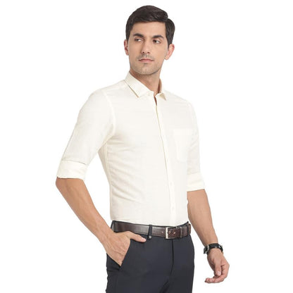 Turtle Men Cotton Linen Cream Printed Slim Fit Formal Shirts