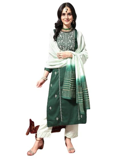 Varanga Green Straight Kurta With Elasticated Trouser Set.