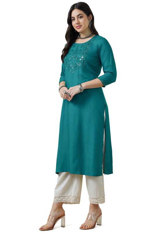 Soch Womens Teal Rayon Embroidered Straight Kurta