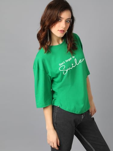 KOTTY Womens Printed, Typography Round Neck Cotton Blend 3/4 Sleeve T-Shirt(Green,L)