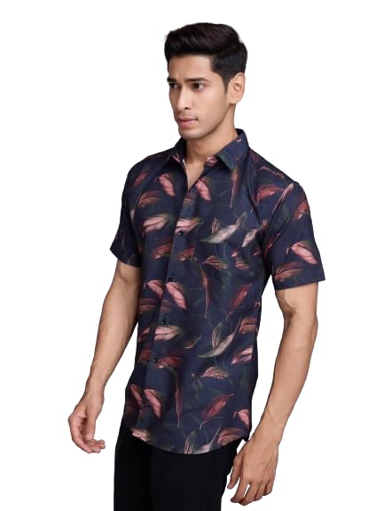 Pinkmint Stylish Shirt for Men ll Printed Half Sleeve Shirts ll Regular Fit Chest Pocket Shirt Navy Blue