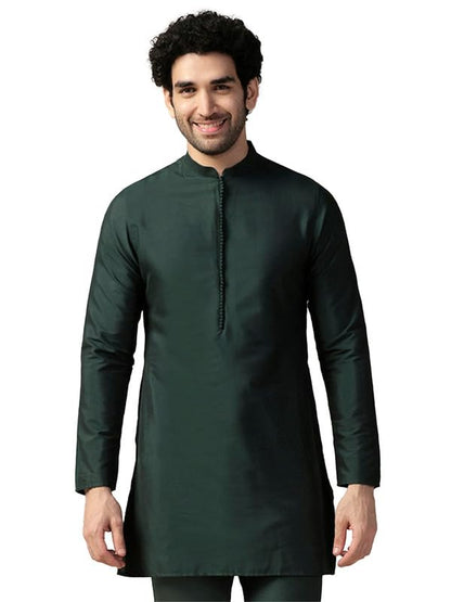 Kisah MenS Kurta, Bottle Green Cotton Blend, Solid Regular Fit Mandarin Collar Long Sleeves (42)