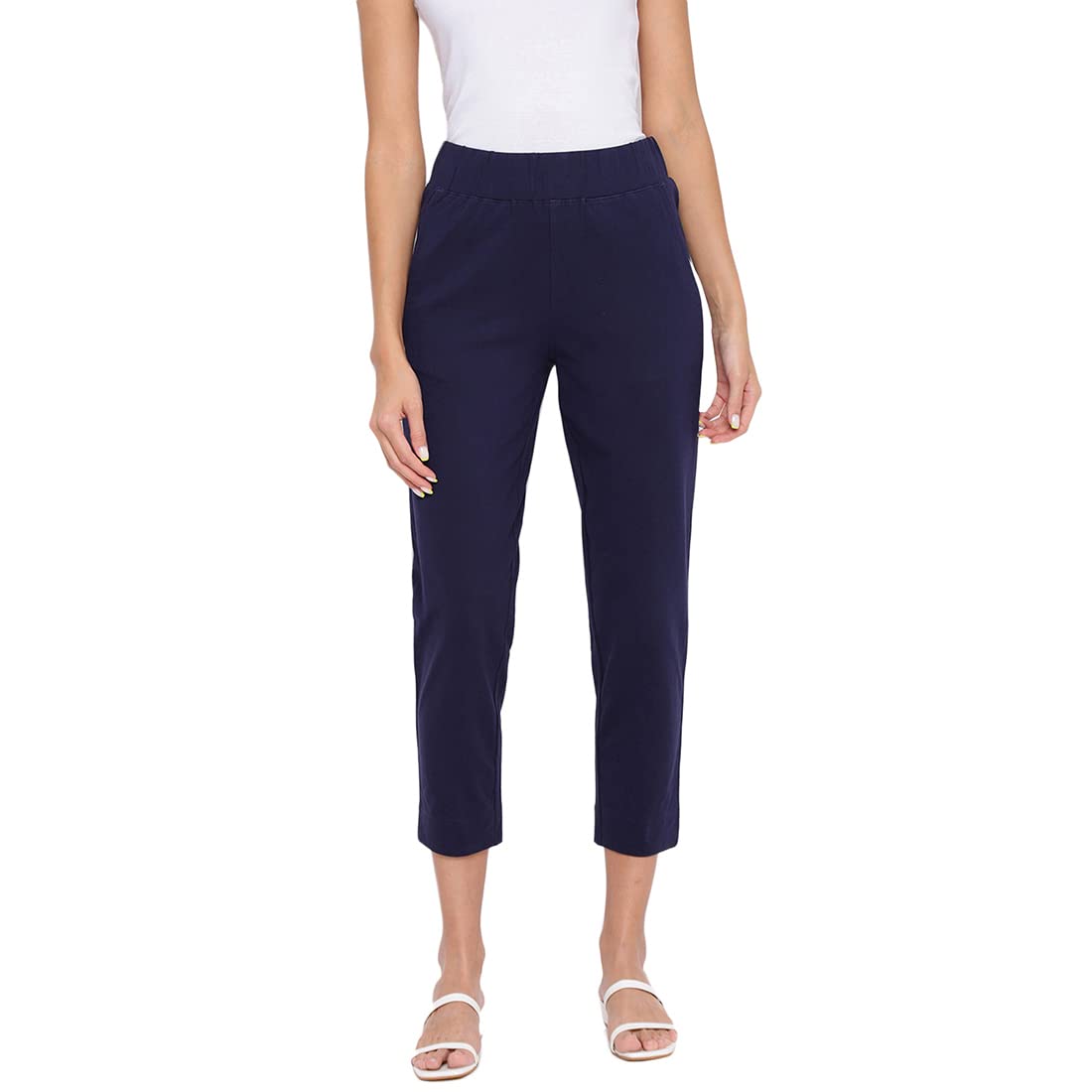 Fabindia Women Cotton Ankle Length Casual Pant Navy_XL