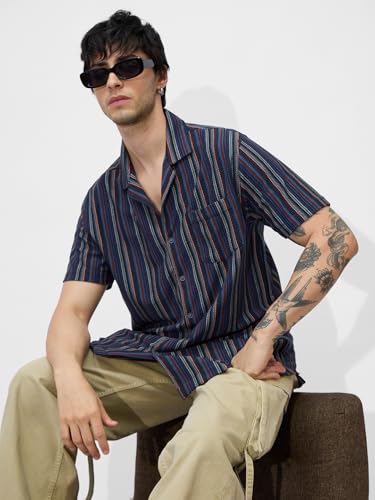 The Souled Store Stripes: Blue, Green, Yellow Men And Boys Short Sleeves Collared Neck Button Front Cotton Blend Regular Fit Tex