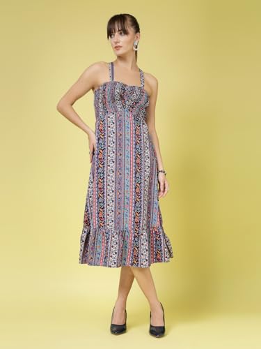 OOMPH! Womens Western & Fusion wear Printed Crepe Dress for Women, Smocked Bodice, Black - md1030