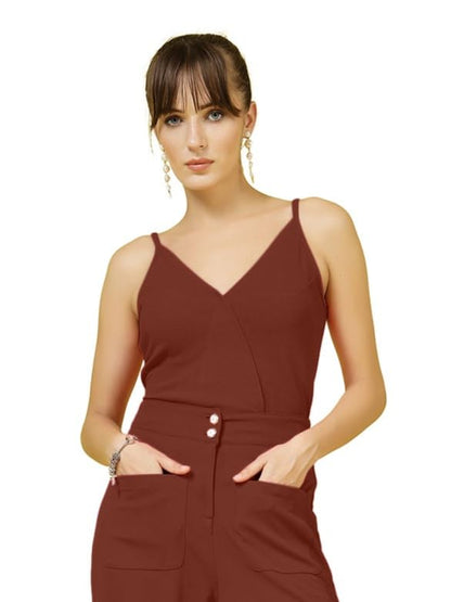 OOMPH! Stretchable Sleeveless Tank Top with V-Neck, Brown, mt968