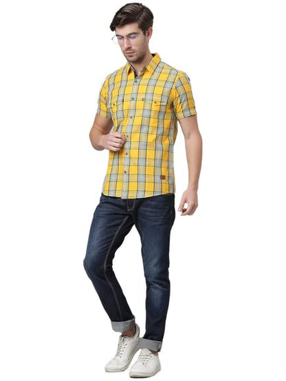 Thomas Scott Mens Checkered Slim Fit 100% Cotton Casual Shirt with Half Sleeve