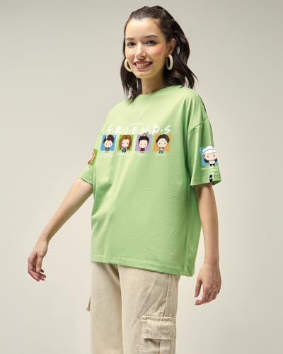 Bewakoof Official Friends Merchandise Womens Graphic Printed Oversized Half Sleeve Round Neck Cotton Jersey T-Shirt_625641_Gree