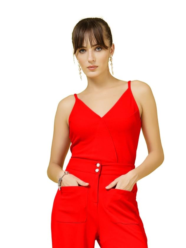 OOMPH! Stretchable Sleeveless Tank Top with V-Neck, Red, mt936