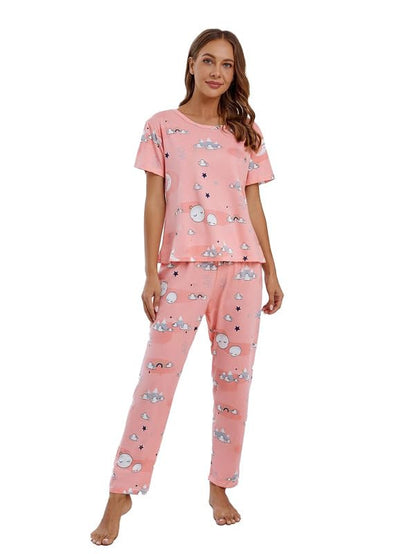 SMOWKLY Womens Cartoon Print Pyjama Set  Round Neck Short Sleeve Top & Pajama | Soft Cotton Blend Night Suit, Nightwear & Lounge