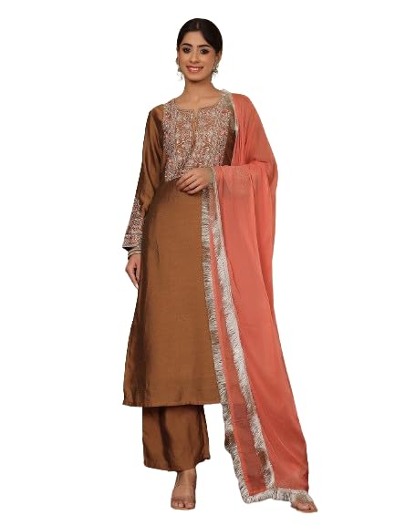 Varanga Women Mustard Zari Embroidered Kurta with Bottom and Dupatta