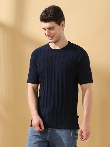 Dennis Lingo Men Navy Textured Round Neck Half Sleeves Regular Fit T-Shirts
