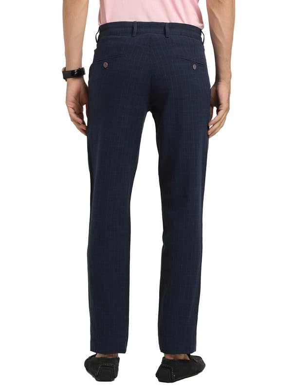 Turtle Men Cotton Linen Navy Check Ultra Slim Fit Casual Trouser