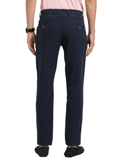 Turtle Men Cotton Linen Navy Check Ultra Slim Fit Casual Trouser