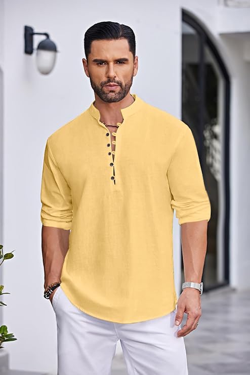 Royalscout MenS Solid Cotton Blend Straight Kurta Shirt | Regular Fit Full Sleeve Short Kurta Yellow