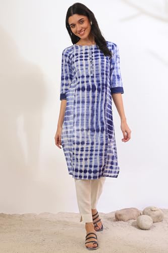 Aurelia Women's Blue Printed Pure Cotton Straight Kurta