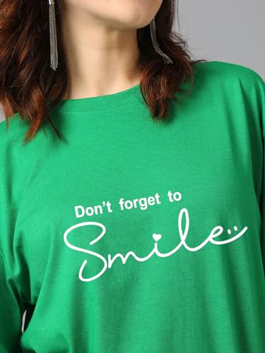 KOTTY Womens Printed, Typography Round Neck Cotton Blend 3/4 Sleeve T-Shirt(Green,XL)