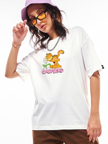 Bewakoof Official Garfield Merchandise Womens Graphic Print Oversized Fit Half Sleeve Round Neck Cotton Jersey T-Shirt_666792_W