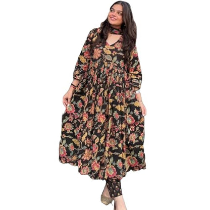 GoSriKi Womens Rayon Blend Anarkali Printed Kurta with Palazzo & Dupatta (CIA Black-GS_L_Black_Large)