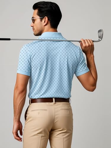 Mens Cotton Printed Polo Tshirt | 220 GSM Interlock Fabric | Slim Fit | Skin-Friendly Ink | Sky Blue Golf-Inspired Pattern T Sh