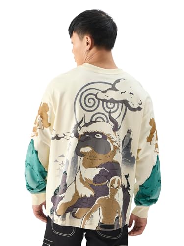 The Souled Store Official Avatar: Aang And Appa Round Neck Beige Graphic Print 100% Cotton Oversized Fit Full Sleeve T-Shirts Ov