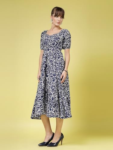 OOMPH! Womens Western & Fusion wear Printed Crepe Dress for Women, Puffed Sleeve, White - md990