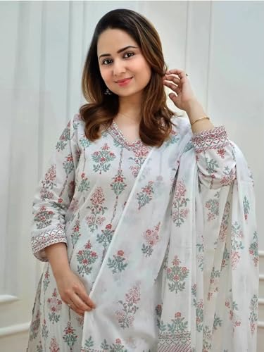 Pinkmint WomenS Hevy Cotton Blend White Kurta Set L Stitched Printed Dupatta Set L Stylish Women Festival Dress (Pack Of 1)