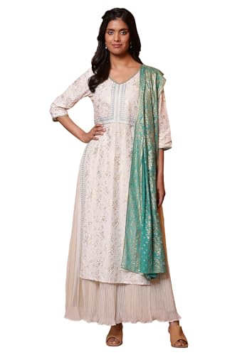 Aurelia White Floral Printed High-Slit Kurta, Pleated Skirt and Dupatta Set