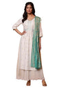 Aurelia White Floral Printed High-Slit Kurta, Pleated Skirt and Dupatta Set