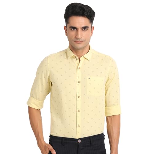 Turtle Men Cotton Linen Slim Fit Yellow Printed Casual Shirt
