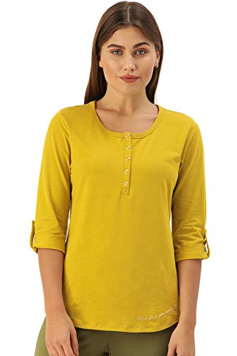 Enamor Essentials Womens Slim Fit Henley Neck 3/4th Sleeves Cotton Tee with Snap Button Placket Front & Sleeve Tab - E129(E129-
