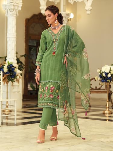 Varanga Women Floral Motif Thread Embroidered & Orangza Lace Detailed Kurta With Trouser & Dupatta