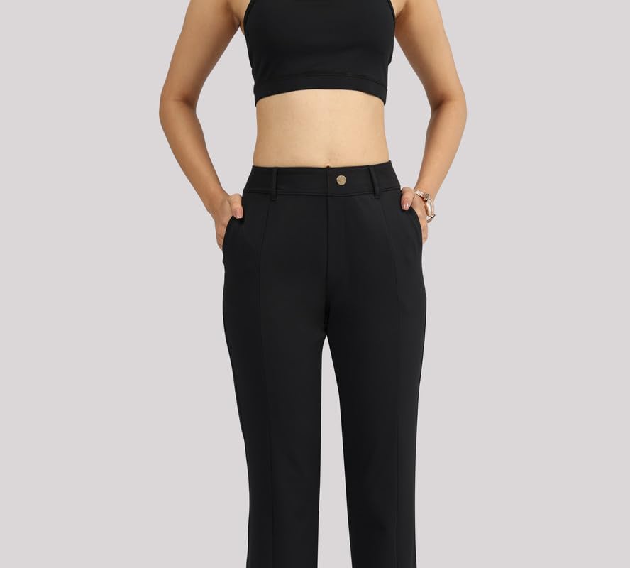 BlissClub Ultimate Flare Tailored Trousers | CloudSoftTM Fabric | Gold Button | Stylish Pintucks | Belt Loops | Mock Fly | 2 Poc