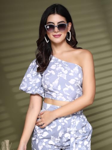 OOMPH! One Shoulder Crepe Crop Top, Grey, mt990
