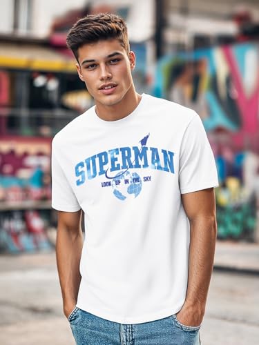 Bewakoof Official DC Merchandise Superman Mens Graphic Print Regular Fit Half Sleeve Round Neck Pure Cotton T-Shirt_681644_Whit