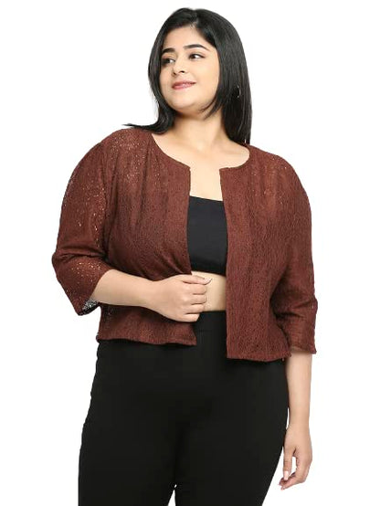 Style Quotient Women Maroon Self Design Floral Lace Open Front Smart Casual Shrug
