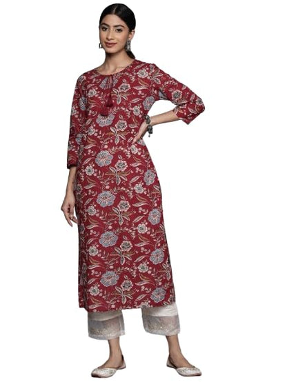 Varanga Women Maroon Floral Printed Straight Kurta With Side Slits