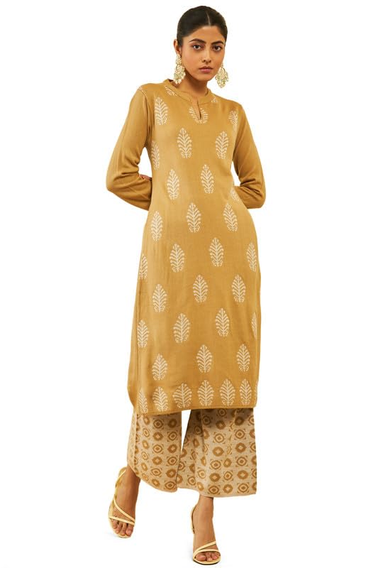 Soch Womens Beige Acrylic Leaf and Geometric Pattern Knitted Winter Kurta Set