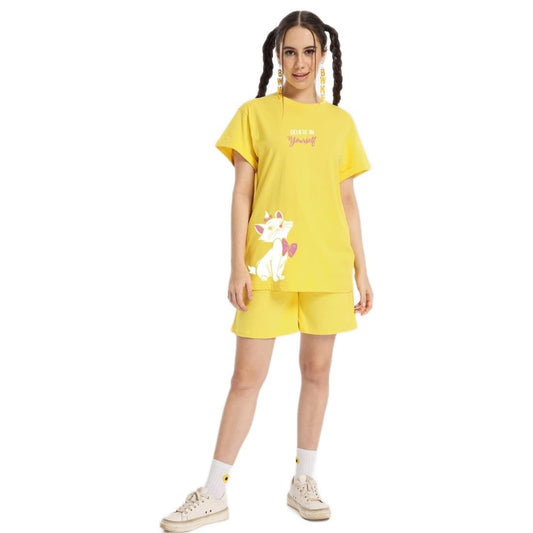 Bewakoof Womens Believe Cat Graphic Print Cotton T-Shirt- Boyfriend Fit, Round Neck, Half Sleeves 577207_Yellow_XS
