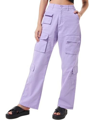 Bewakoof Womens Solid Baggy Oversized Fit Cotton Elastane Cargo Casual Pants_628256_Purple_32