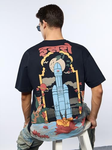 The Souled Store ISRO: Vintage Poster Men and Boys Short Sleeves Round Neck Navy Blue Graphic Printed Cotton Premium Heavy Gauge