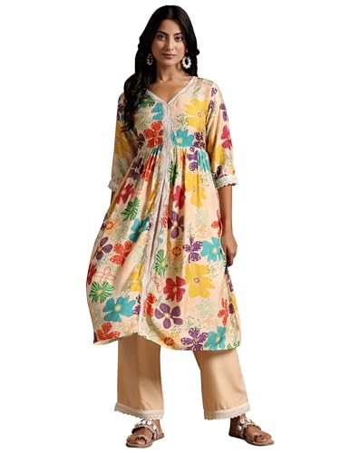 Libas Beige Printed Silk Blend A-Line Kurta With Palazzos