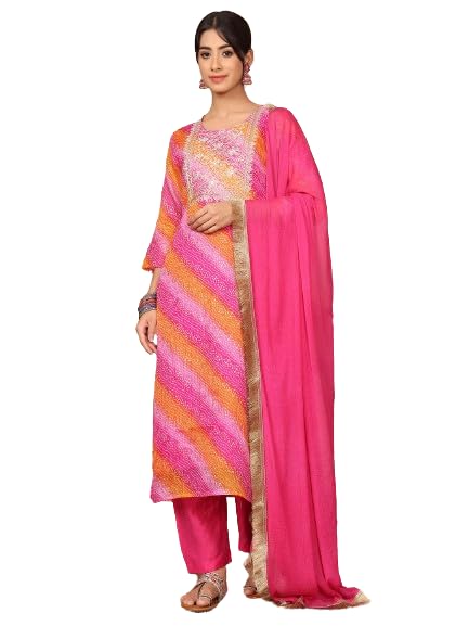 Varanga Women Pink Foil Printed Bandhani Zari Embroidered Kurta with Bottom and Dupatta